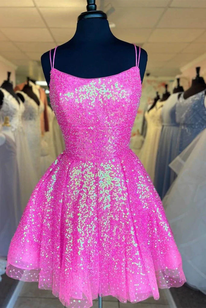 Luolandi A Line Sequins Spaghetti Straps Homecoming Dresses Short Cocktail Dresses Sparkly Prom Dress